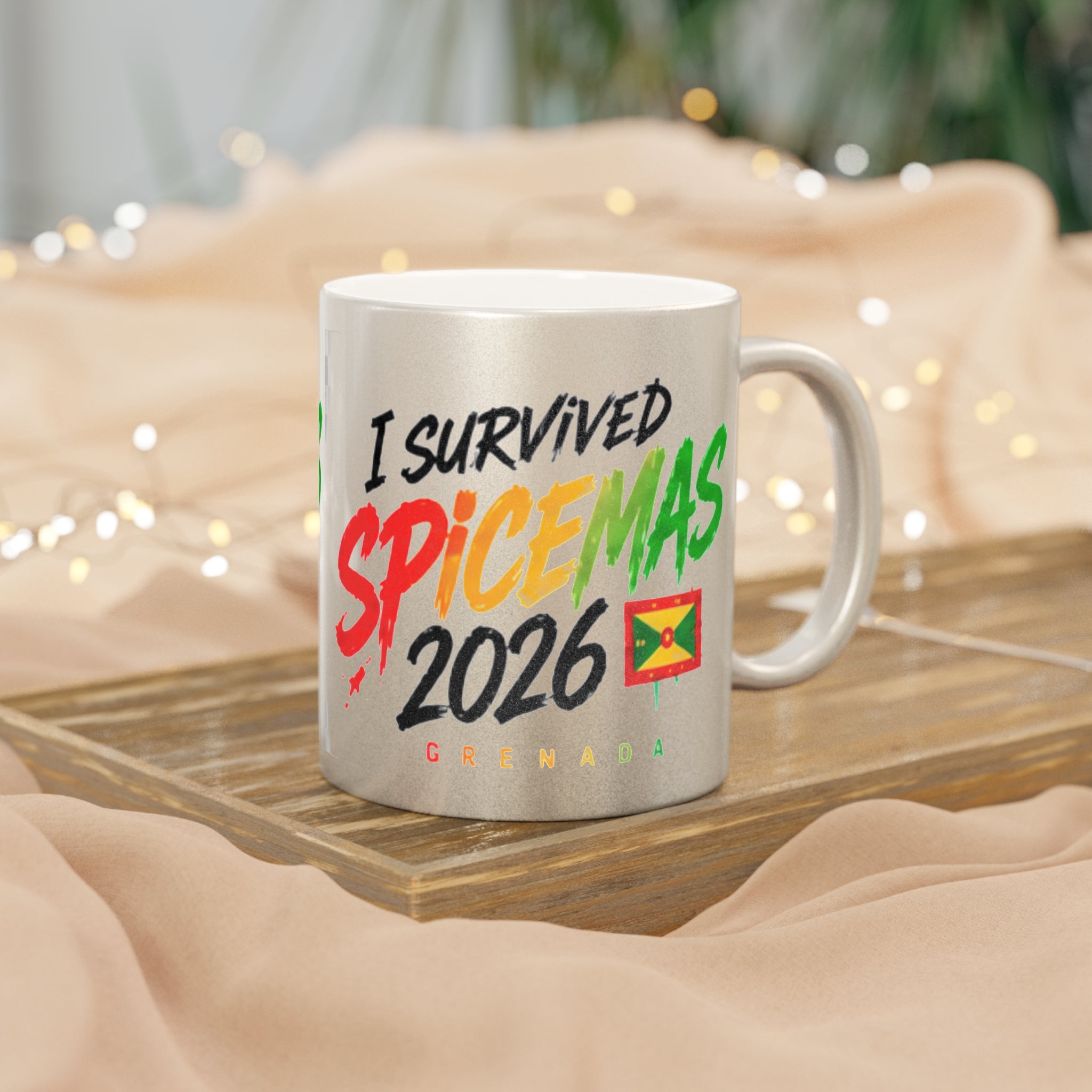 I Survived Spicemas 2026 Metallic Mug – Grenada Festival Coffee Cup (Silver/Gold)