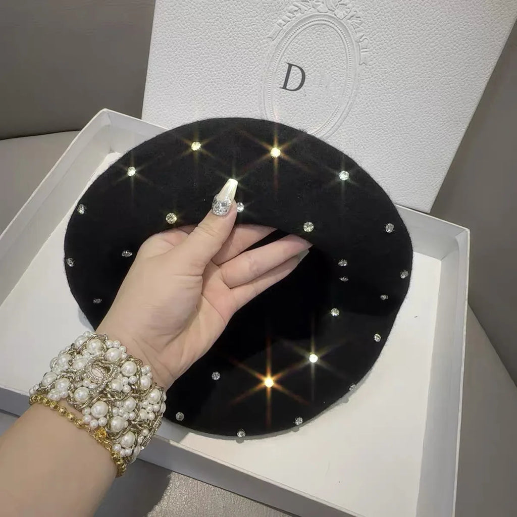 Classic Wool Winter Rhinestone Beret