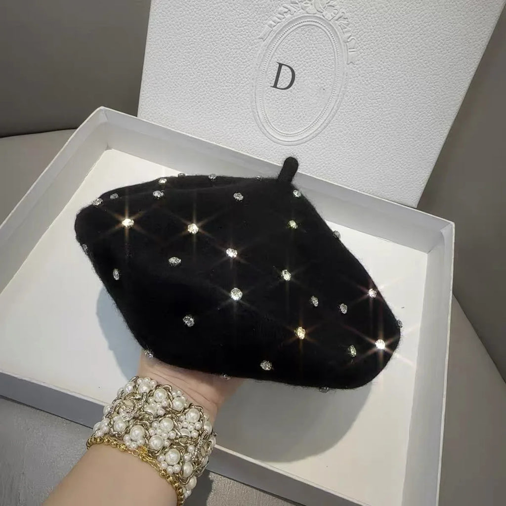 Classic Wool Winter Rhinestone Beret