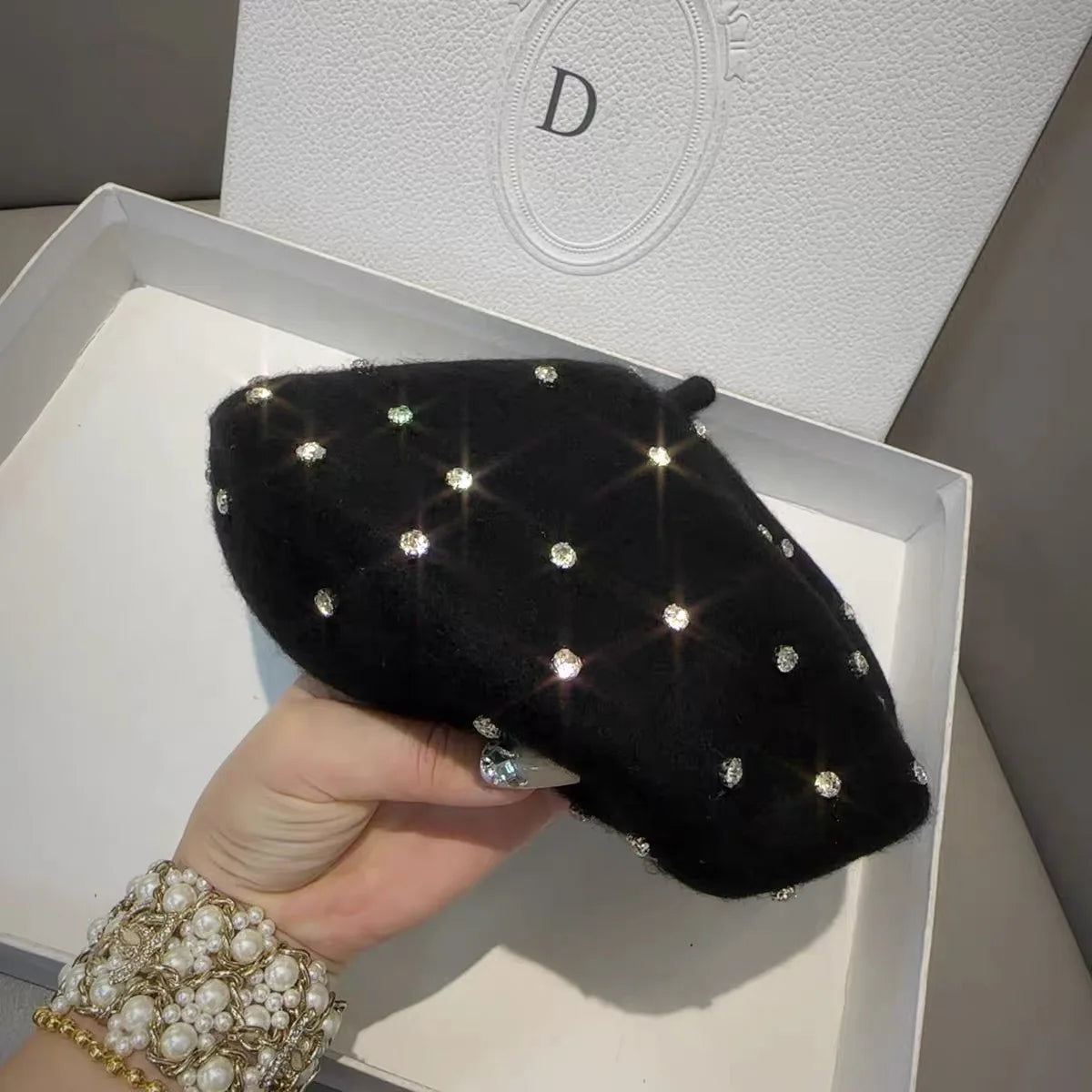 Classic Wool Winter Rhinestone Beret