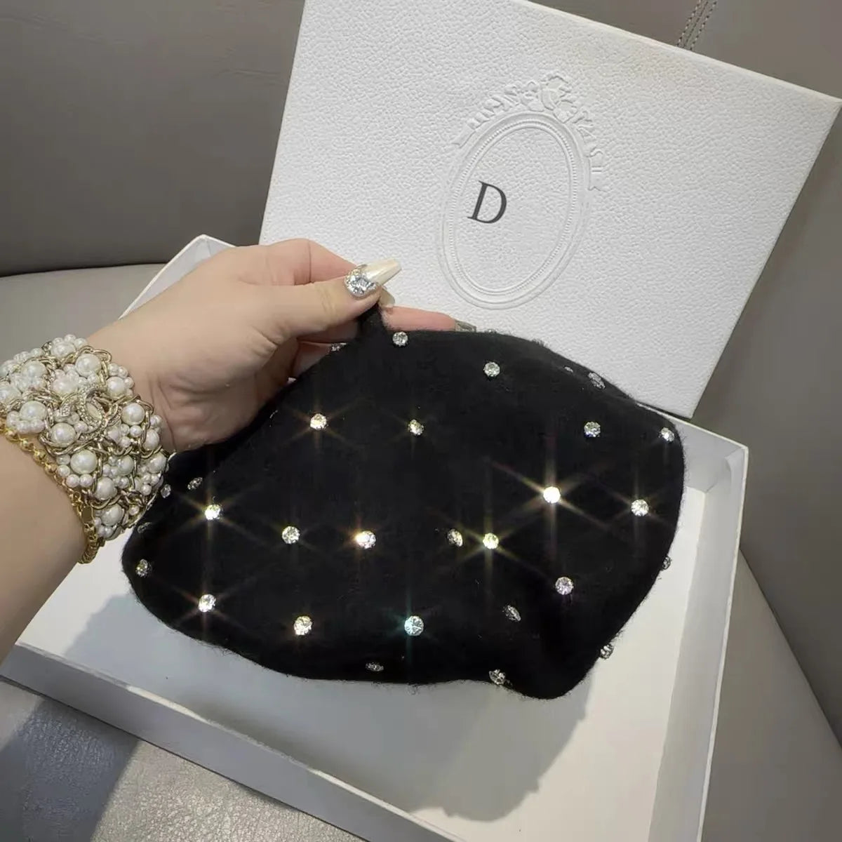 Classic Wool Winter Rhinestone Beret